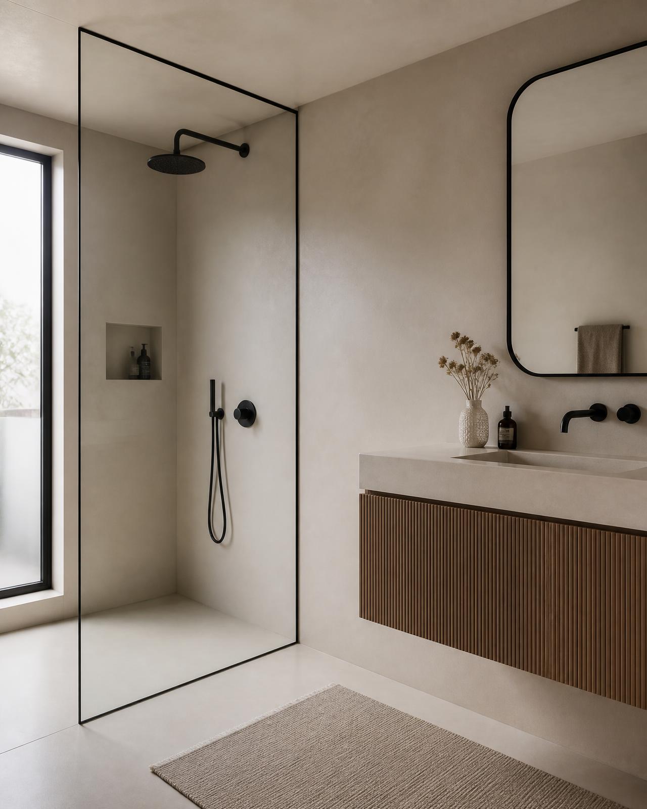 Badkamer met inloopdouche (sfeerbeeld — vervangbaar)
