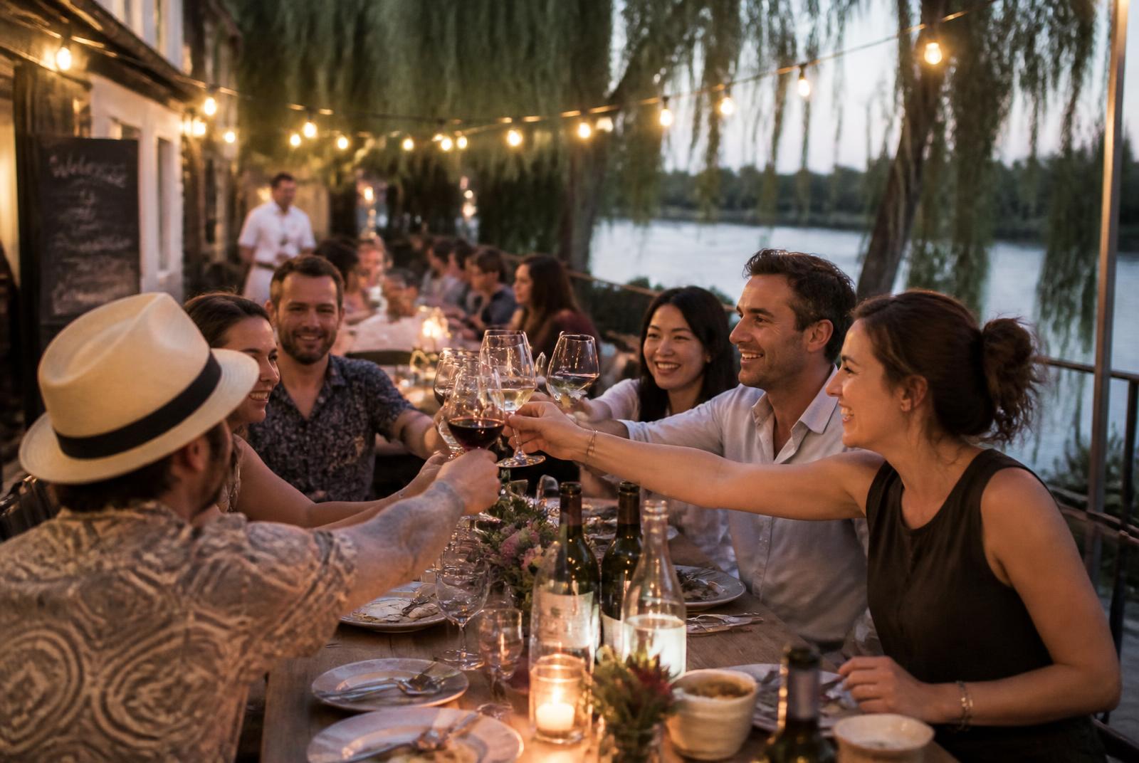 Feestelijke tafel aan het water (sfeerbeeld — vervangbaar)