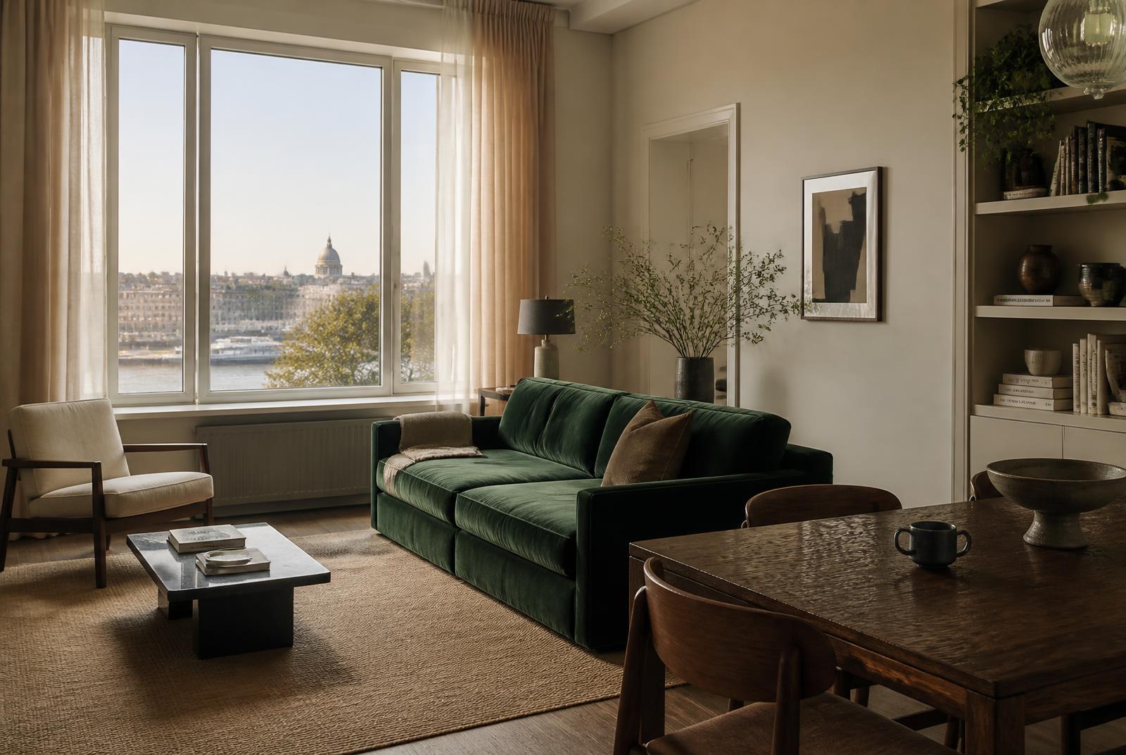 Woonkamer van het appartement aan de Vecht (sfeerbeeld — vervangbaar)