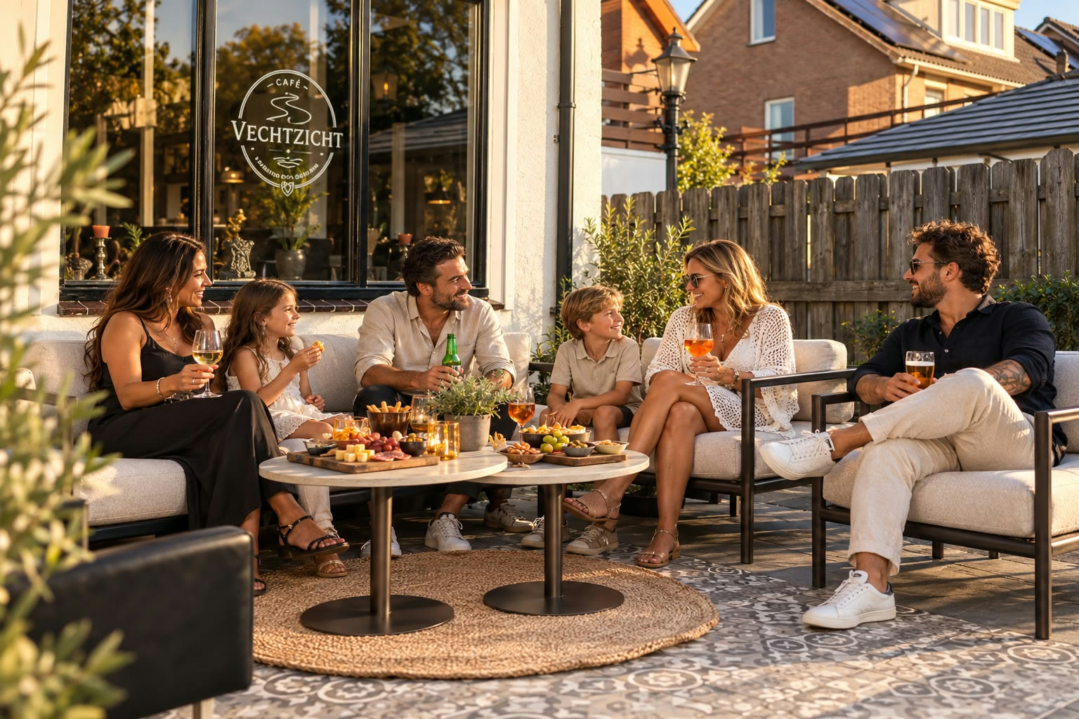 Gezelschap met borrelplanken op het terras van Café Vechtzicht