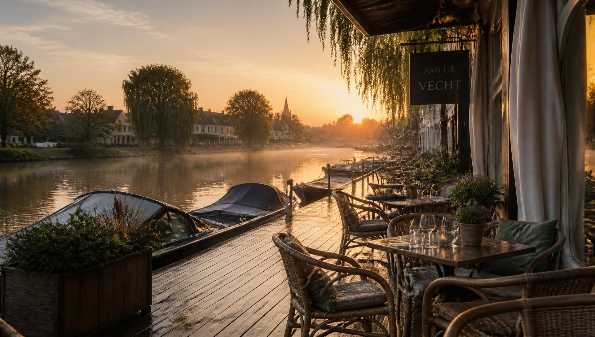Café Vechtzicht aan de Vecht bij zonsondergang (sfeerbeeld — vervangbaar)